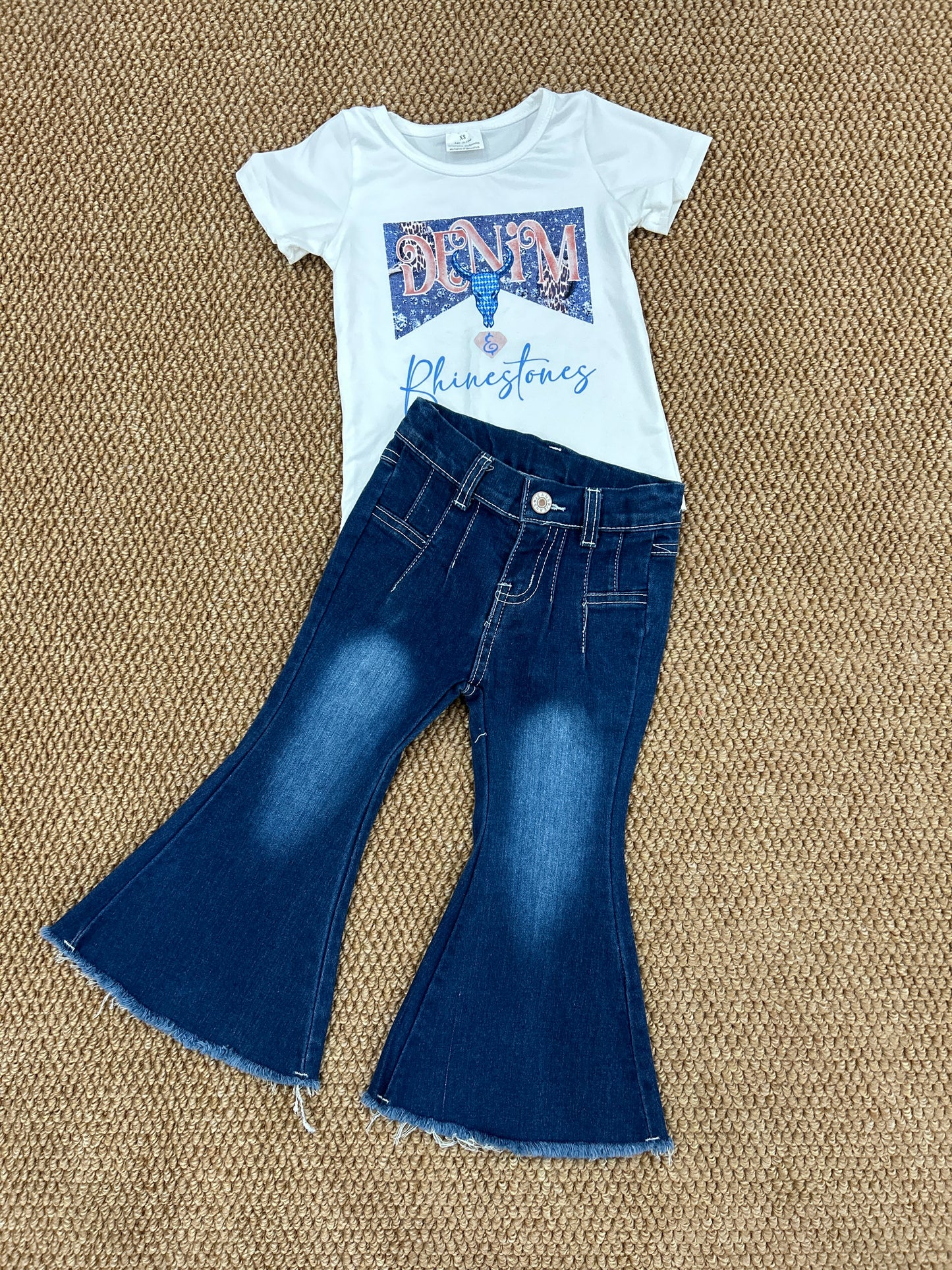 GT0133+P0457 Cow Skull Top Blue Denim Bell Jeans Girls Clothes Set