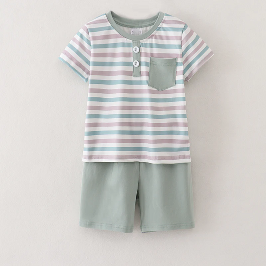 (Custom Design Preorder MOQ 5)  Stripes Print Polo Top Boys Summer Clothes Set