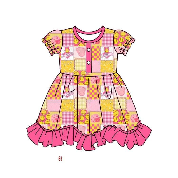 (Custom Design Preorder MOQ 5) Softball Print Girls Knee Length Summer Ruffle Dress