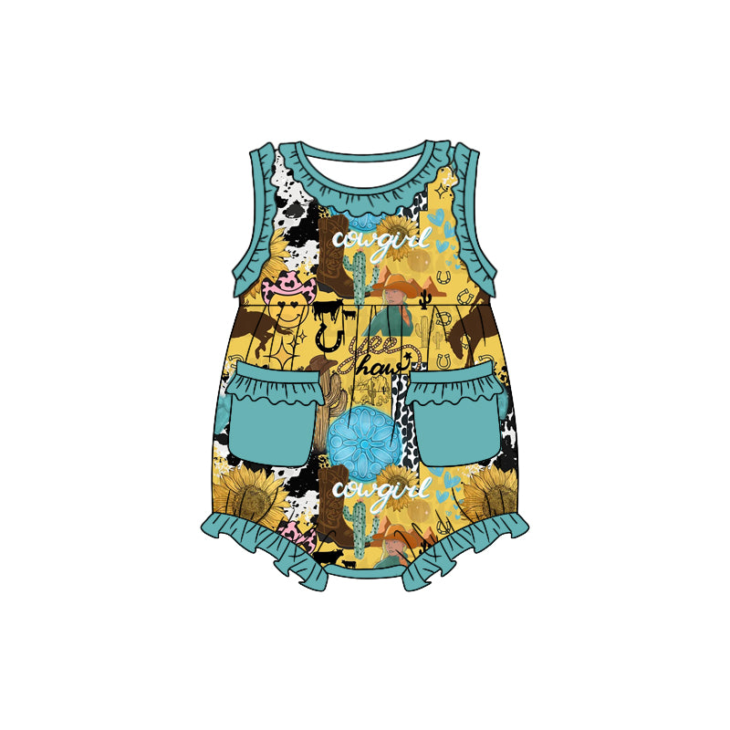 (Custom Design Preorder MOQ 5) Cowgirl Sunflowers Western Print Baby Girls Summer Romper
