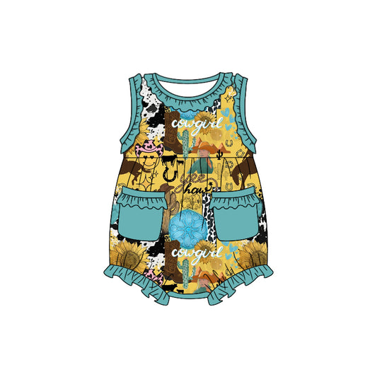 (Custom Design Preorder MOQ 5) Cowgirl Sunflowers Western Print Baby Girls Summer Romper