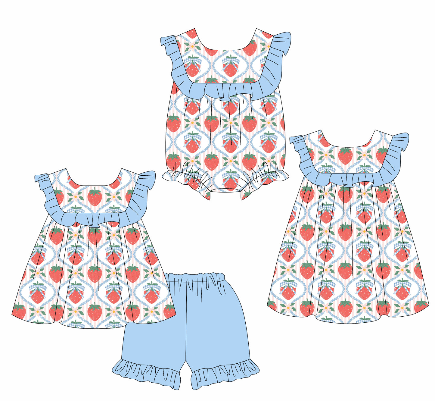 3.7(Custom Design Preorder MOQ 5 Each Design) Strawberry Flowers Bows Print Girls Summer Matching Clothes Sisters Wear