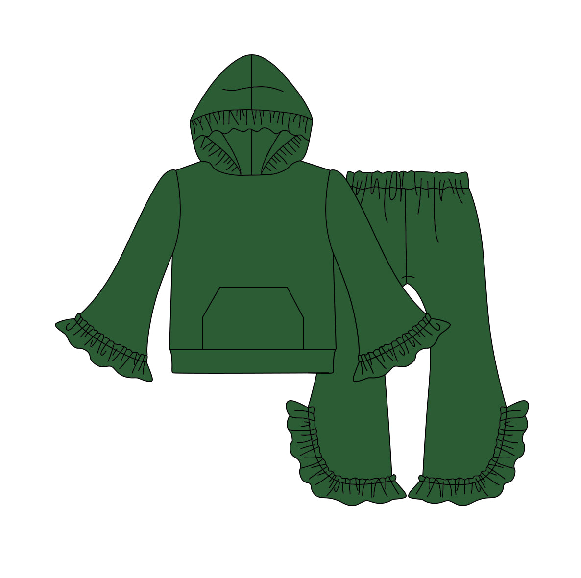 (Custom Design Preorder MOQ 5)  Green Color Girls Hoodie Ruffles Fall Clothes Set