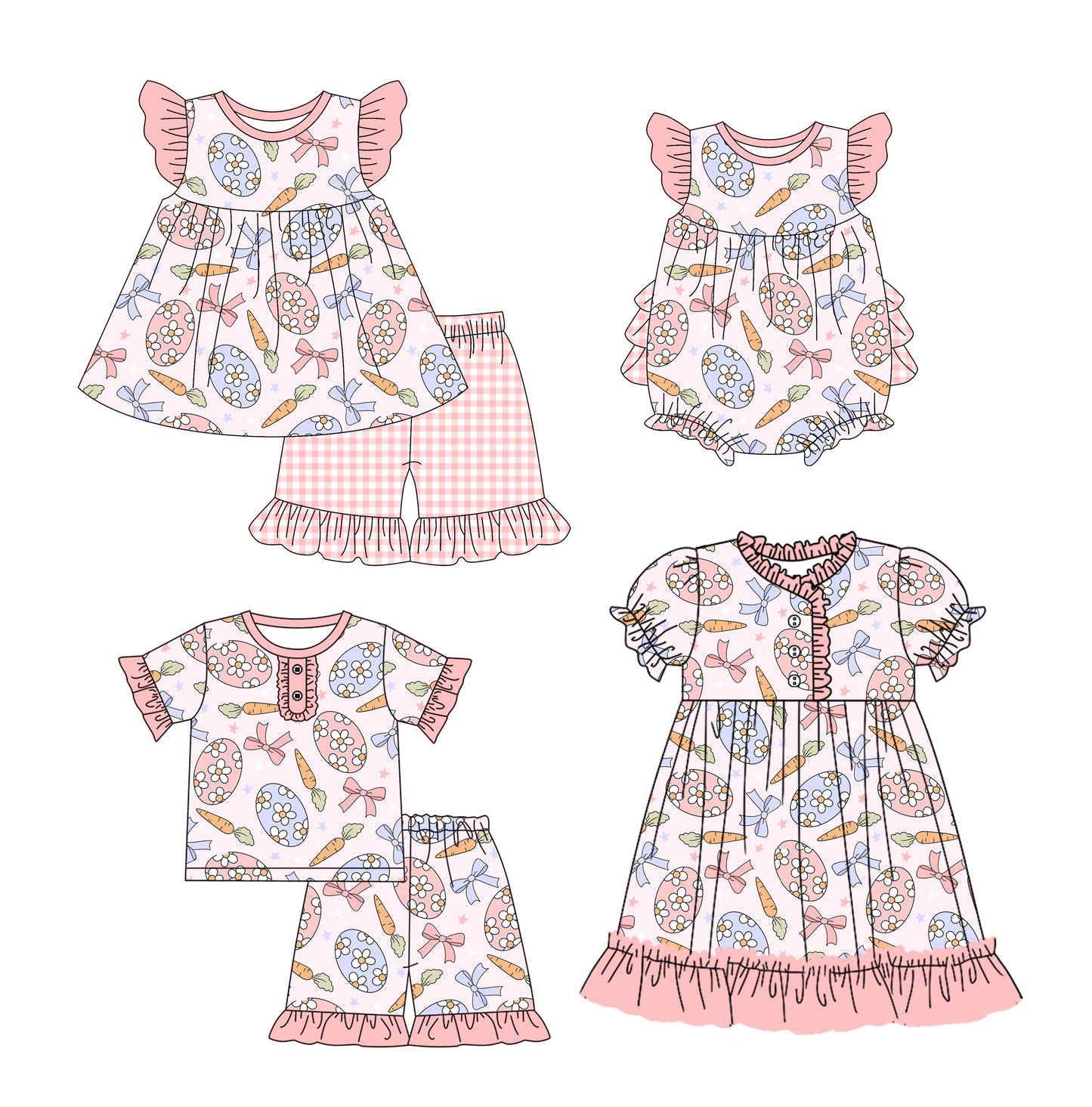 12.10(Custom Design Preorder MOQ 5 Each Design) Eggs Bows Flowers Print Girls Easter Matching Clothes Sisters Wear