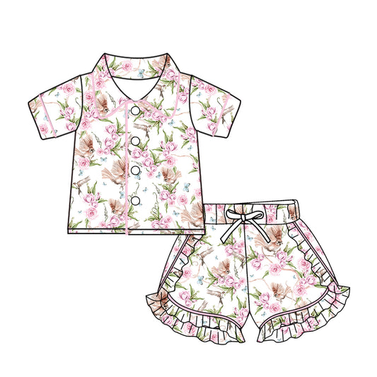(Custom Design Preorder MOQ 5) Bird Pink Flowers Print Girls Summer Pajamas Clothes Set