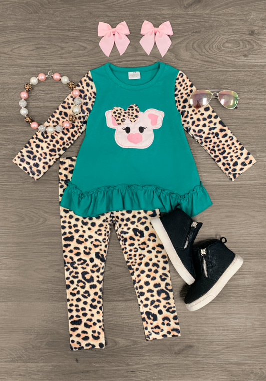 (Custom Design MOQ 5)  Cute Pig Leopard Print Legging Pants Girls Clothes Set