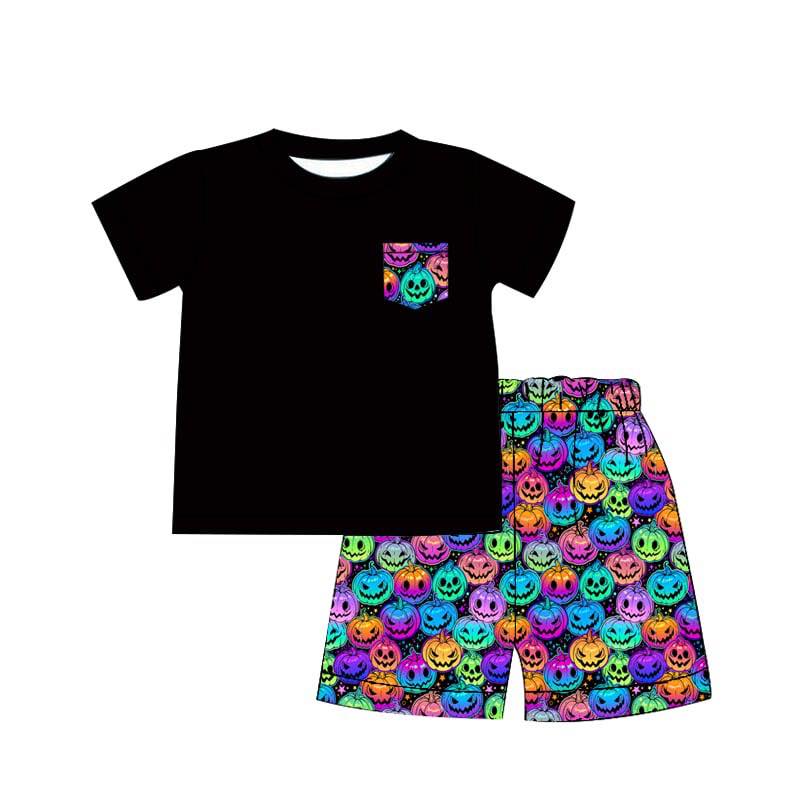 (Custom Design Preorder MOQ 5) Black Pocket Top Colorful Pumpkin Shorts Boys Halloween Clothes Set