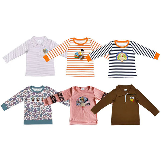 6 Styles Turkey Embroidery Boys Girls Thanksgiving Tee Shirts Top
