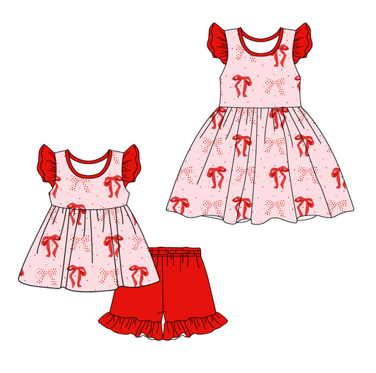 12.11(Custom Design Preorder MOQ 5 Each Design) Pink Red Bows Print Girls Summer Matching Clothes Sisters Wear