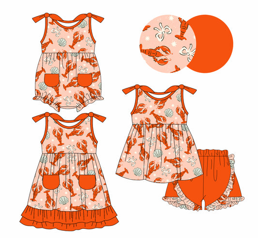 1.7(Custom Design Preorder MOQ 5 Each Design) Crayfish Bows Print Girls Summer Matching Clothes Sisters Wear