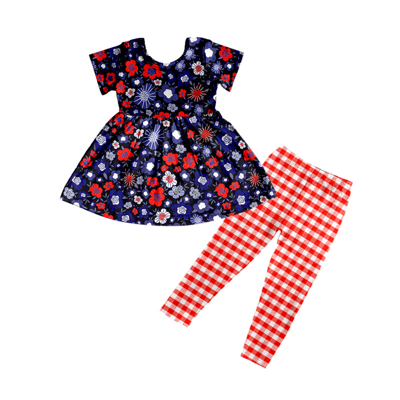 (Custom Design Preorder MOQ 5) Navy Flowers Print Tunic Top Red Plaid Legging Pants Girls 4th of July Clothes Set
