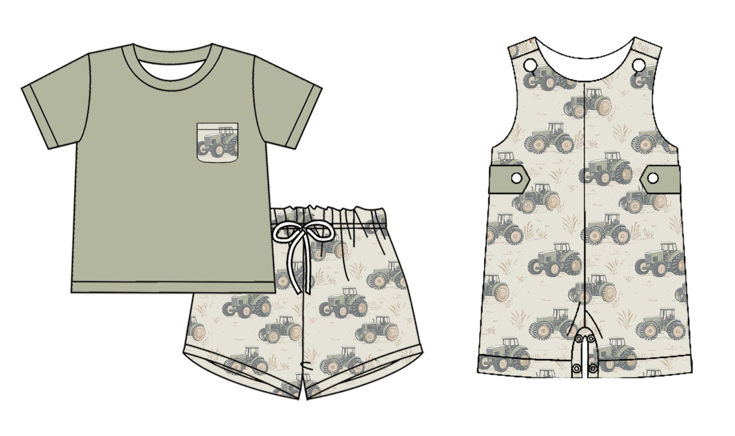 4.15(Custom Design Preorder MOQ 5 Each Design) Tractors Print Boys Summer Matching Clothes Brothers Wear