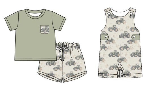 4.15(Custom Design Preorder MOQ 5 Each Design) Tractors Print Boys Summer Matching Clothes Brothers Wear