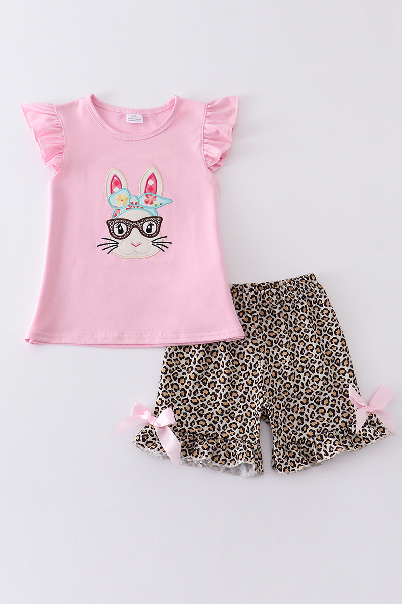 (Custom Design Preorder MOQ 5) Bunny Pink Top Leopard Shorts Girls Easter Clothes Set