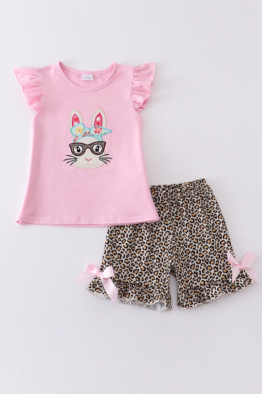 (Custom Design Preorder MOQ 5) Bunny Pink Top Leopard Shorts Girls Easter Clothes Set