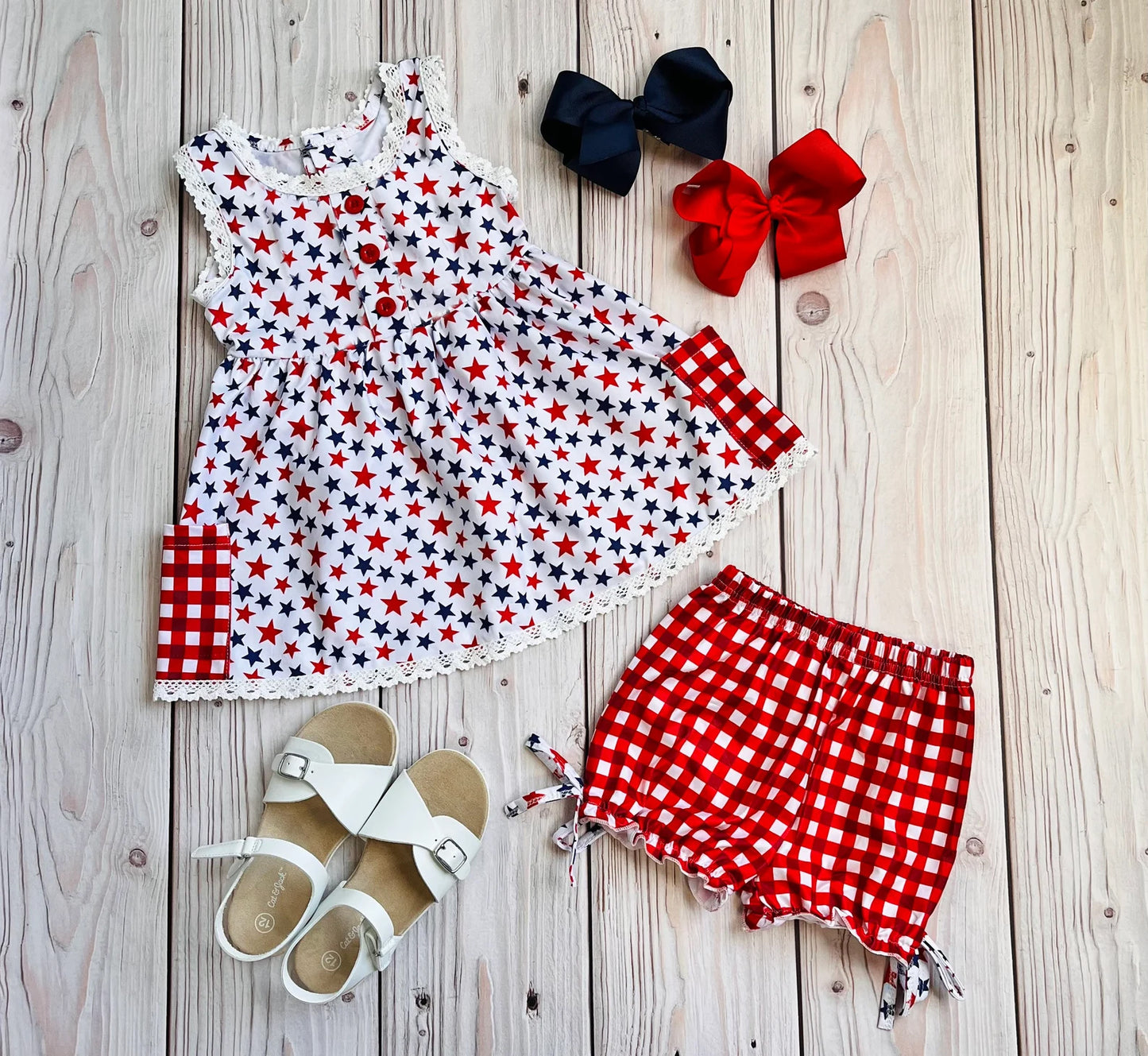 (Custom Design Preorder MOQ 5) Stars Print Pockets Tunic Top Shorts Girls 4th of July Clothes Set