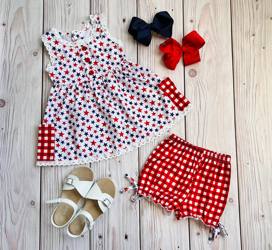 (Custom Design Preorder MOQ 5) Stars Print Pockets Tunic Top Shorts Girls 4th of July Clothes Set