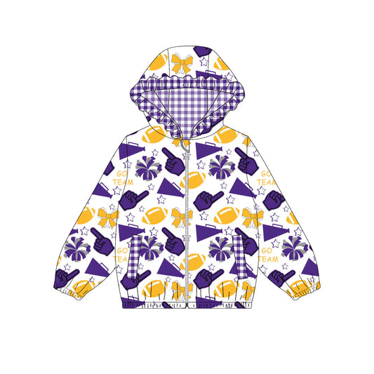(Custom Design Preorder MOQ 5) Purple Yellow Go Team Cheer Bows Print Pockets Girls Long Sleeve Zipper Jackets Top
