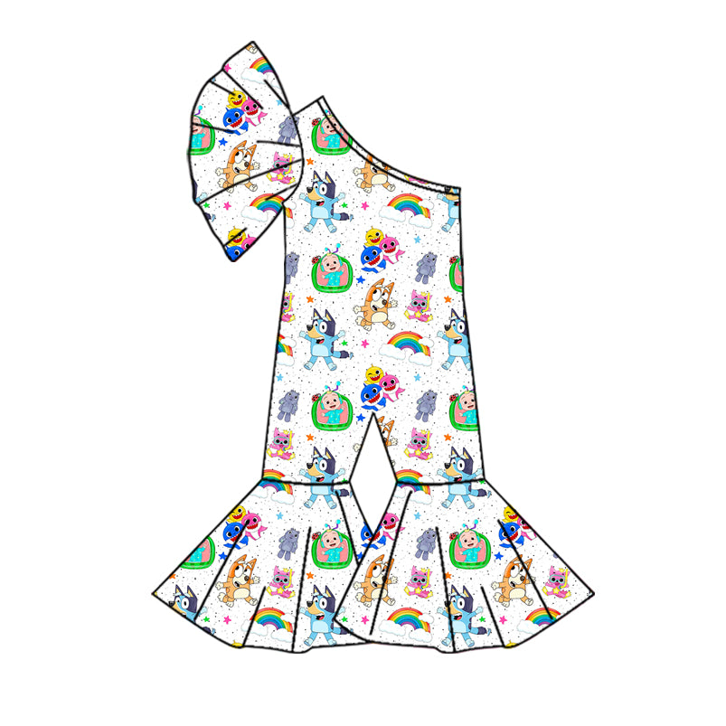 (Custom Design Preorder MOQ 5) Cartoon Figure Print Girls One Shoulder Jumpsuits