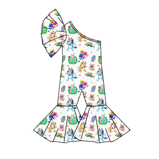 (Custom Design Preorder MOQ 5) Cartoon Figure Print Girls One Shoulder Jumpsuits
