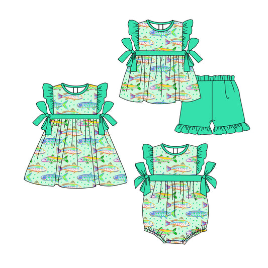 11.12(Custom Design Preorder MOQ 5 Each Design) Fish Green Print Girls Summer Matching Clothes Set Sisters Wear