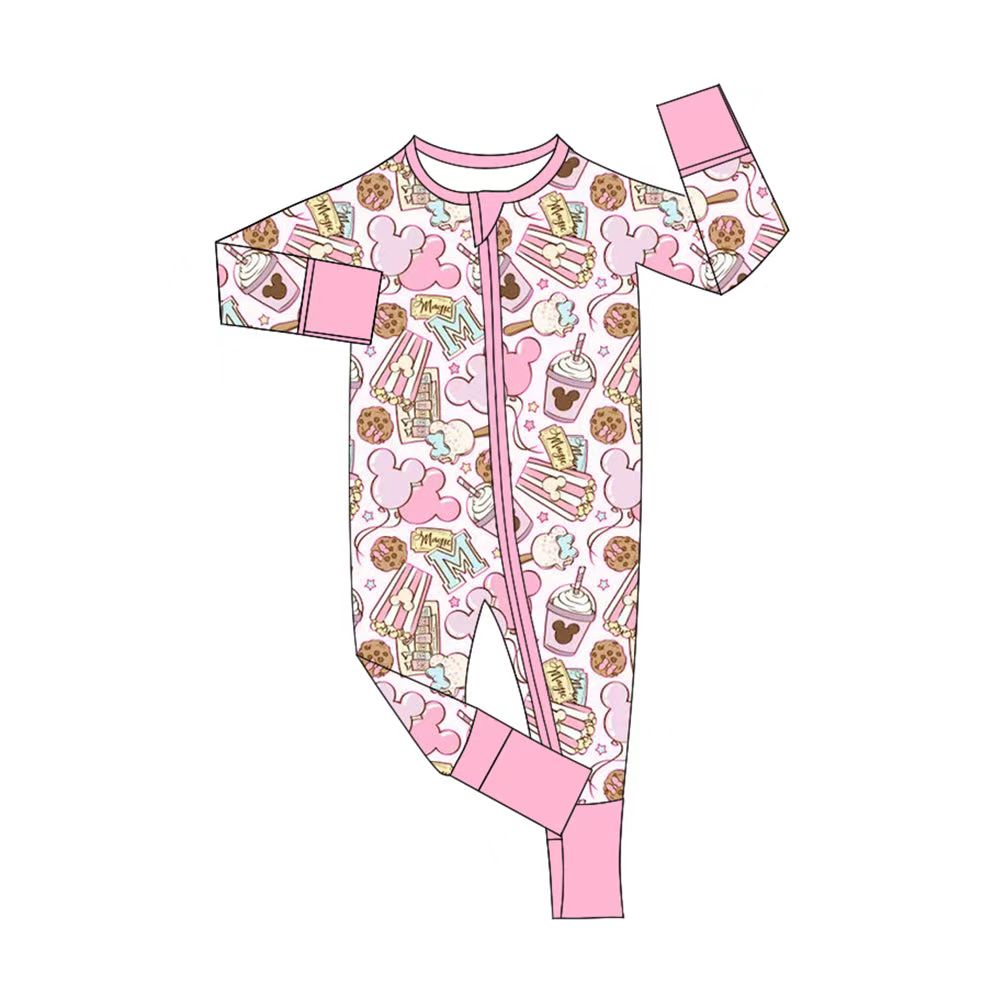 (Custom Design Preorder MOQ 5) Cartoon Mouse Pink Print Baby Girls Sleeper Zipper Romper