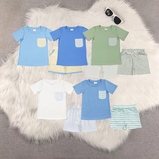 Pocket Top Stripes Shorts Boys Summer Clothes Set Brothers Wear