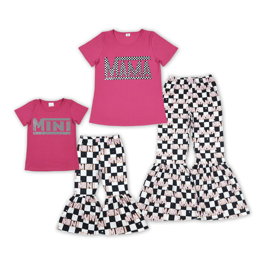 Hot Pink Vinyl MINI & MAMA Top Plaid Bell Pants Mom and Me Matching Clothes Set