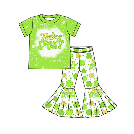(Custom Design Preorder MOQ 5) Lucky Smiling Stars Print Bell Pants Girls St. Patrick's Day Clothes Set