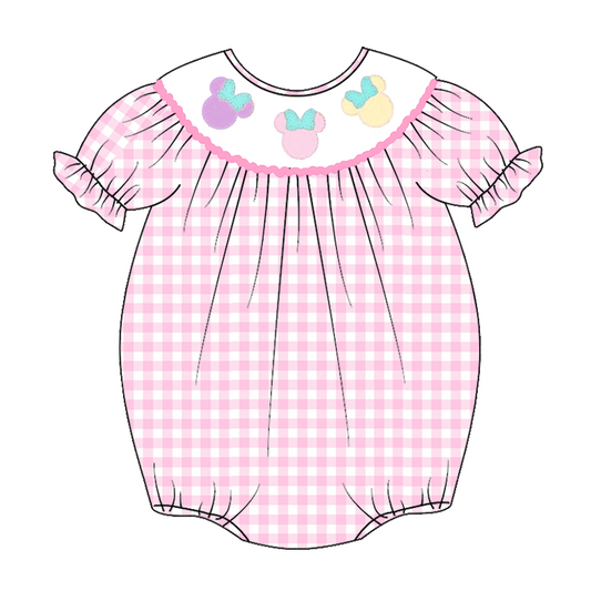 (Custom Design Preorder MOQ 5) Cartoon Mouse Pink Plaid Print Baby Girls Summer Romper