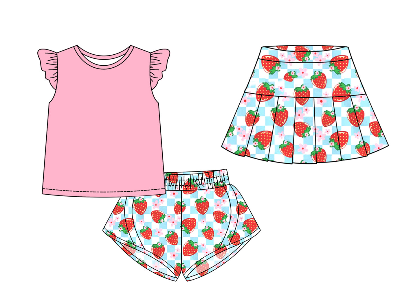 3.7(Custom Design Preorder MOQ 5 Each Design) Pink Top Strawberry Shorts Skirts Girls Summer Matching Clothes Sisters Wear