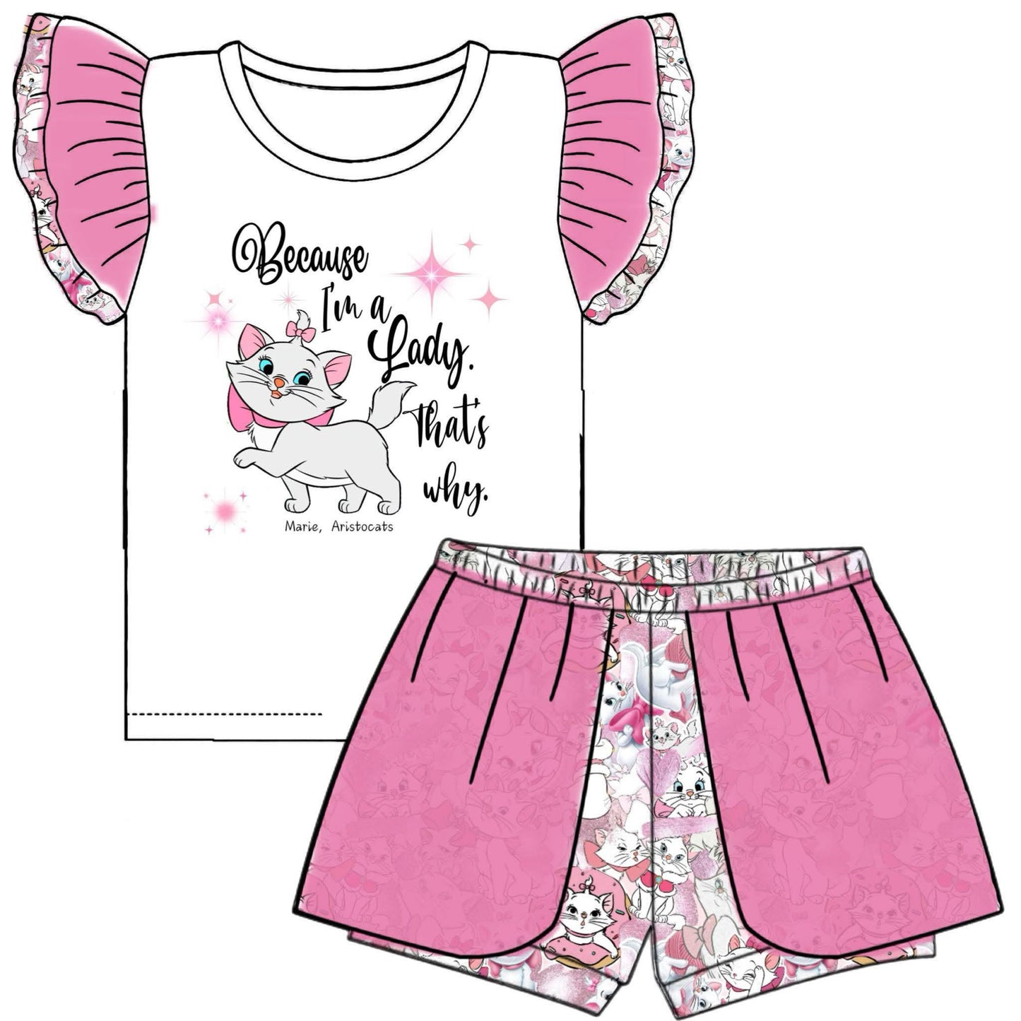 (Custom Design Preorder MOQ 5) Cartoon Cat Top Tulle Shorts Girls Summer Clothes Set