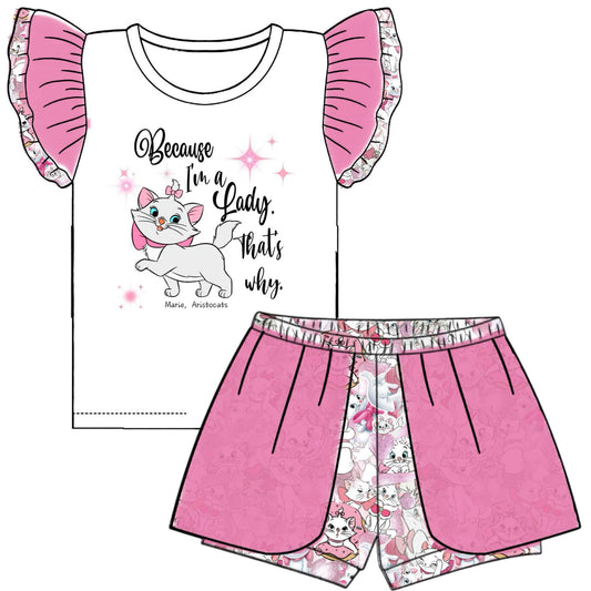 (Custom Design Preorder MOQ 5) Cartoon Cat Top Tulle Shorts Girls Summer Clothes Set