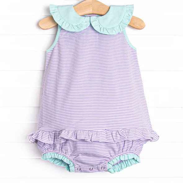 (Custom Design Preorder MOQ 5) Purple Stripes Print Baby Girls Summer Bubble Romper
