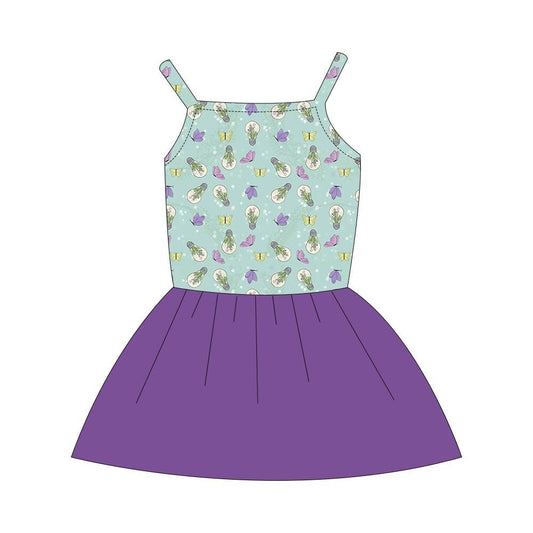 (Custom Design Preorder MOQ 5) Flowers Butterfly Print Girls Summer Purple Knee Length Dress