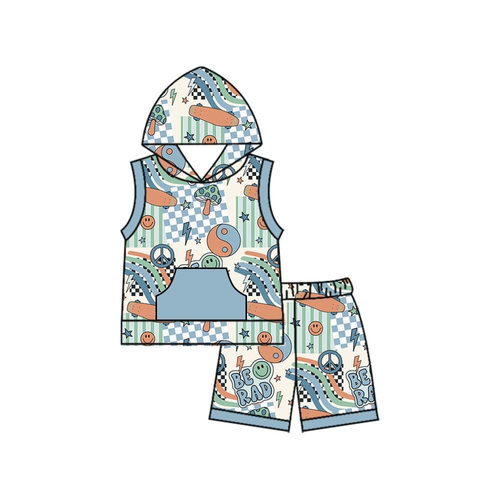 (Custom Design Preorder MOQ 5)  Smiling Face Flash Print Boys Summer Hoodie Clothes Set