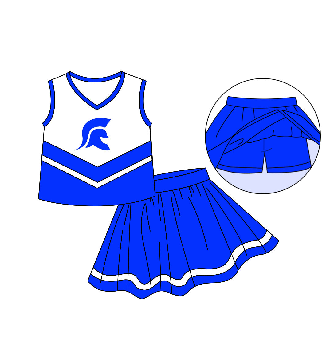 (Custom Design Preorder MOQ 5)  Team's Blue Print Skirts With Shorts Girls Summer Clothes Set