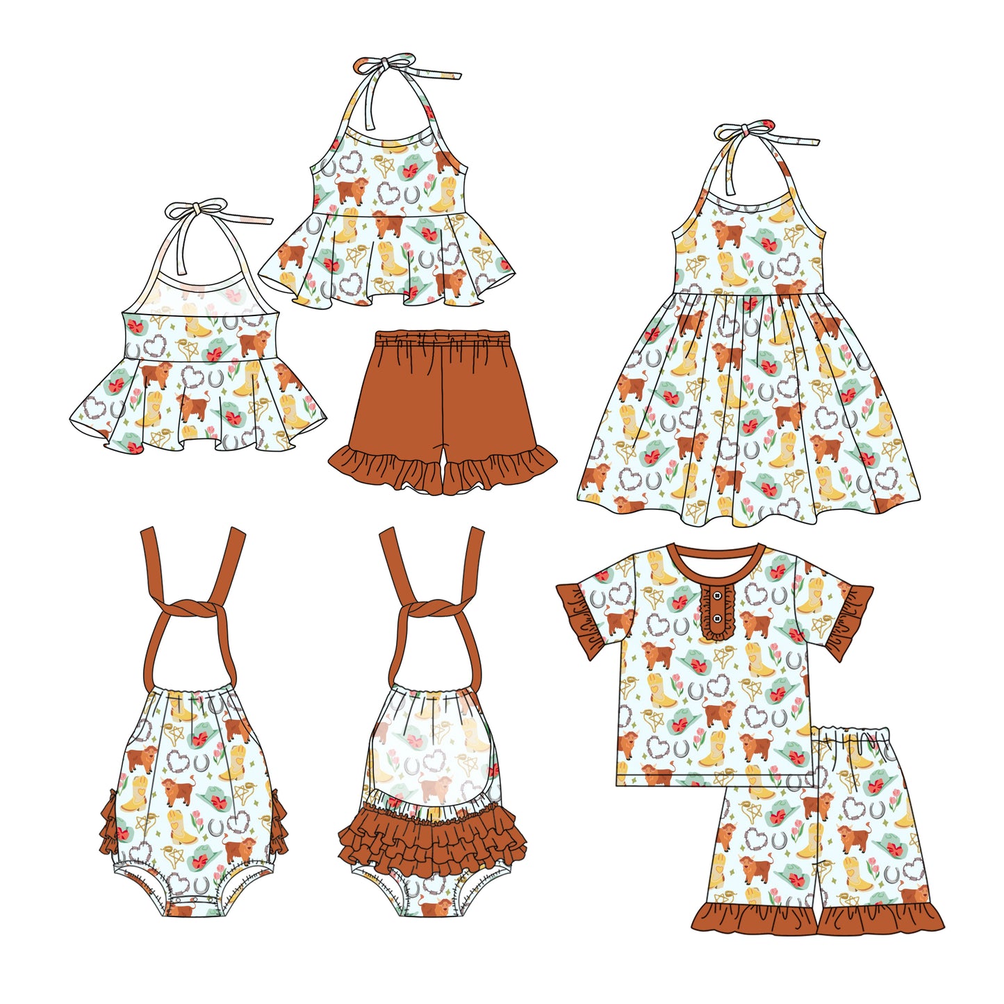 3.8(Custom Design Preorder MOQ 5 Each Design) Boots Hat Cows Brown Print Girls Summer Matching Clothes Sisters Wear