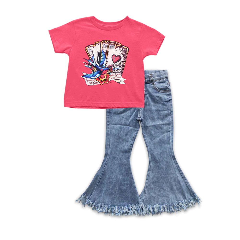 (Custom Design Preorder MOQ 5) Keep a bluebird in my heart Top Fringe Jeans Girls Valentine's Clothes Set