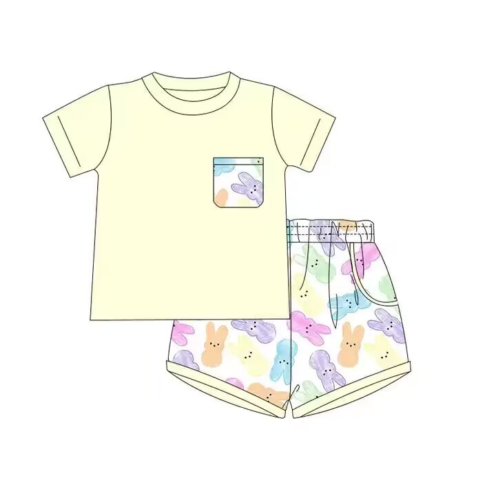 (Custom Design Preorder MOQ 5) Yellow Pocket Top Bunny Shorts Kids Easter Clothes Set