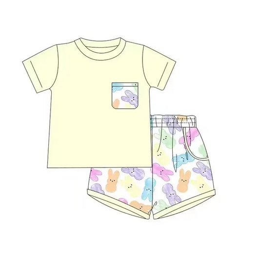 (Custom Design Preorder MOQ 5) Yellow Pocket Top Bunny Shorts Kids Easter Clothes Set