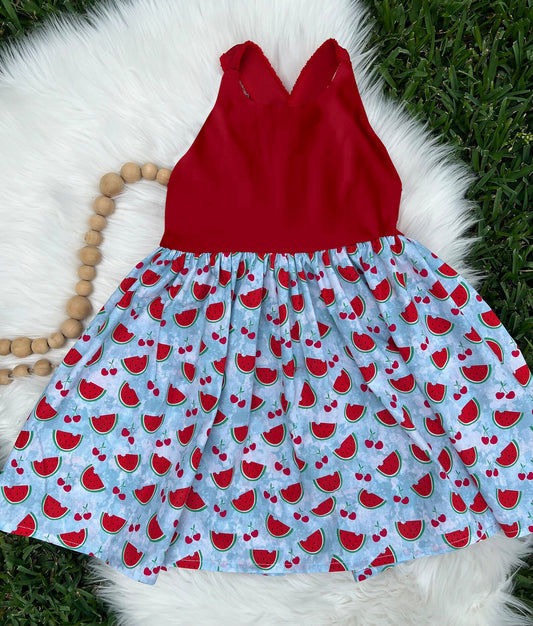 (Custom Design Preorder MOQ 5)  Watermelon Cherry Print Girls Knee Length Summer Dress