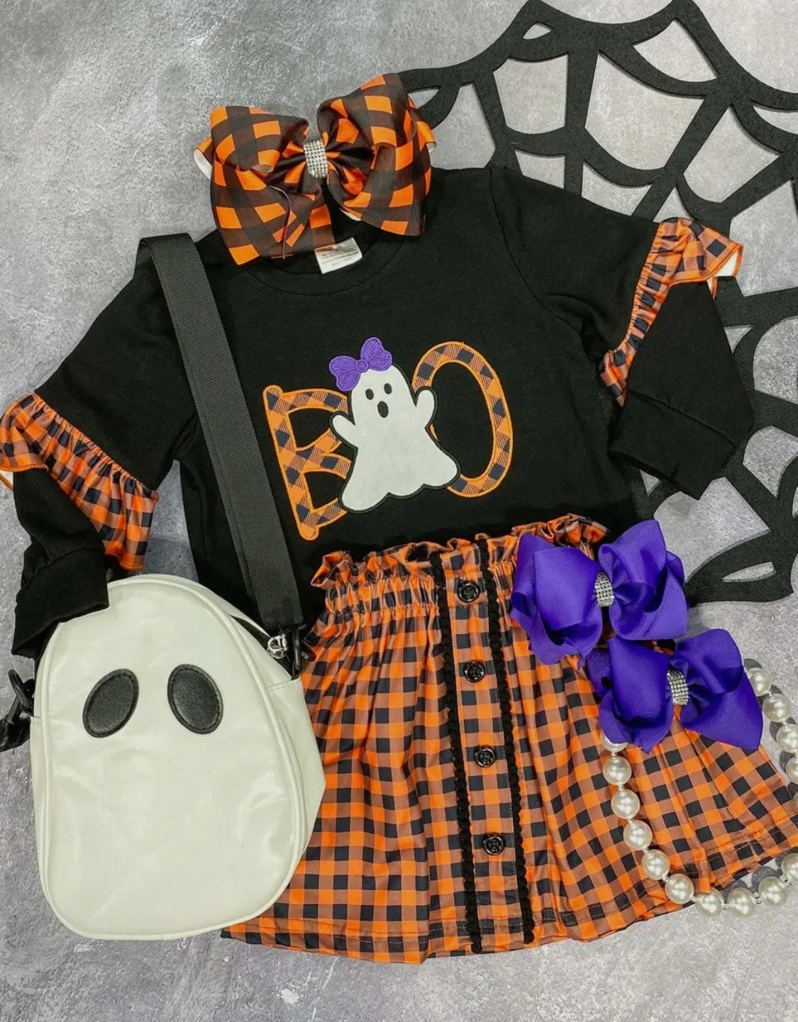 (Custom Design Preorder MOQ 5) Ghost BOO Top Plaid Skirts Girls Halloween Clothes Set