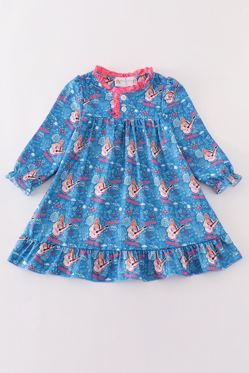 (Custom Design Preorder MOQ 5)  Singer Swiftie Blue Print Girls Fall Knee Length Gown Dress