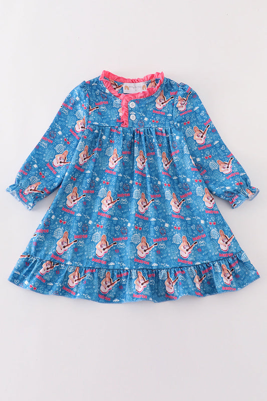(Custom Design Preorder MOQ 5)  Singer Swiftie Blue Print Girls Fall Knee Length Gown Dress