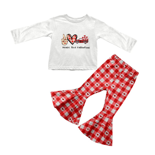 (Custom Design MOQ 5) Peace Love Truck Heart Print Bell Pants Girls Valentine's Clothes Set