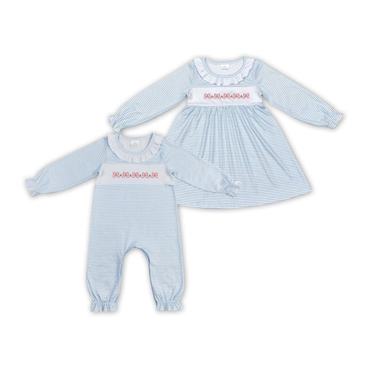 Bows Embroidery Blue Stripes Print Sister Matching Clothes