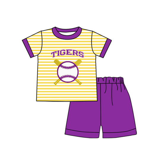 (Custom Design Preorder MOQ 5)  Team's Purple Tiger Print Shorts Boys Summer Clothes Set