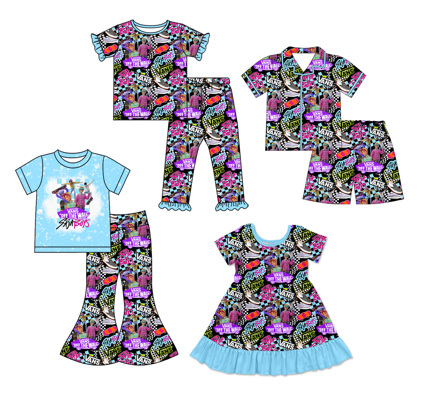 12.25 (Custom Design Preorder MOQ 5 Each Design) Cartoon Demon Movie Blue Print Girls Matching Clothes Sisters Wear