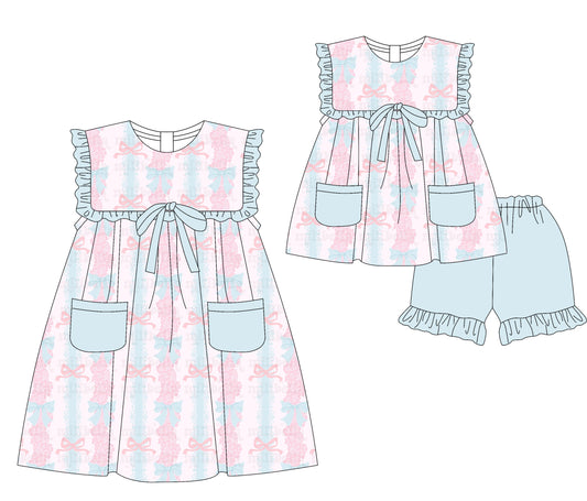 3.5(Custom Design Preorder MOQ 5 Each Design) Pink Flowers Bows Print Pockets Girls Summer Matching Clothes Sisters Wear